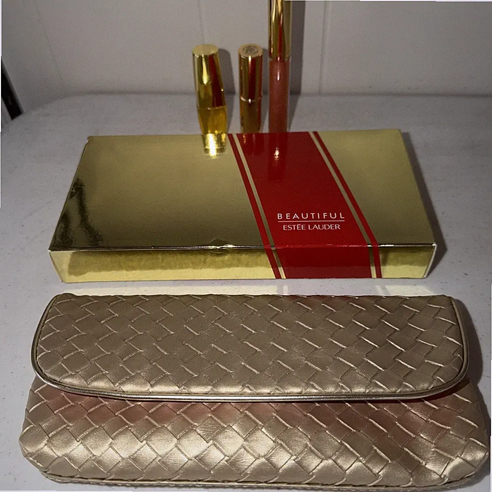 Estee Lauder Beautiful Gift Set NIB Gold Bag Perfume Lipstick Gloss Travel Set