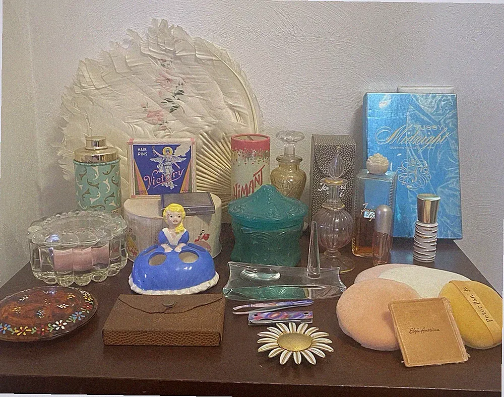Vintage Collectible Vanity Lot-Powders Perfume Compacts Puffs Fan Hair Pins