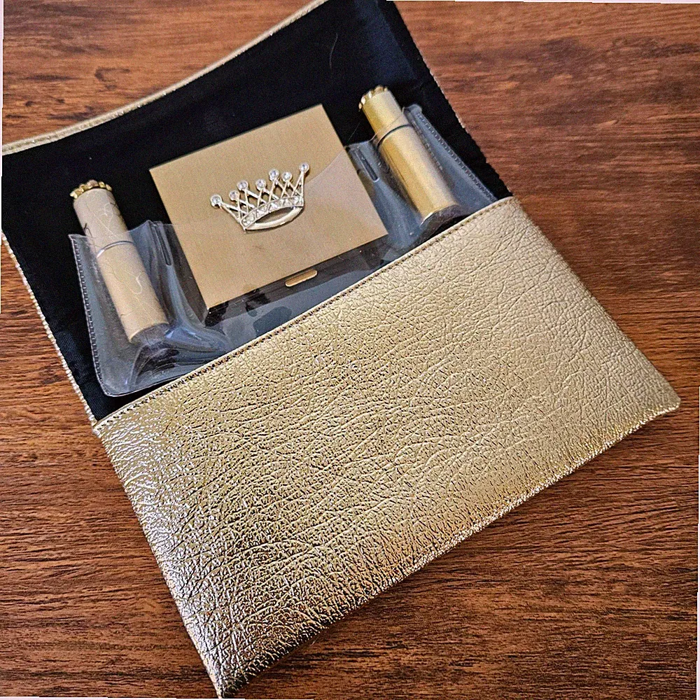 Vtg 50s Majestic Vanity Set Compact Perfume Rollerball Lighter Gold Clutch