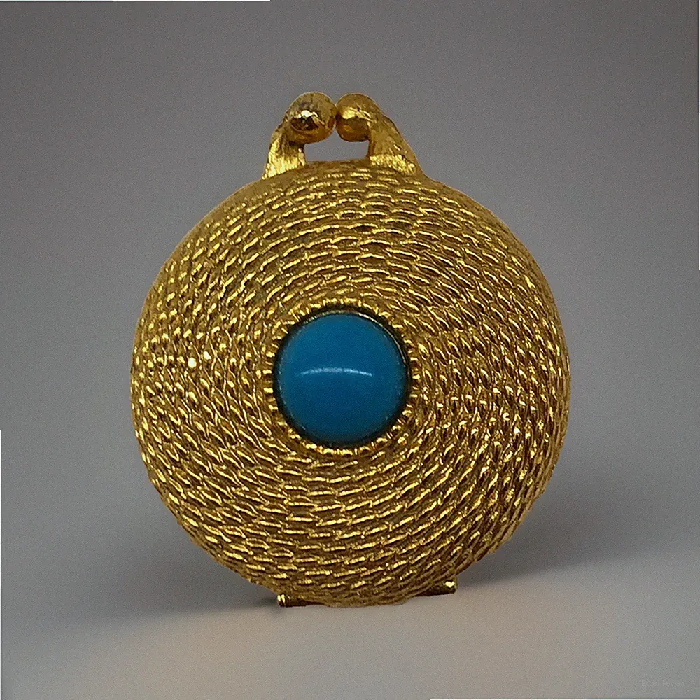 Vtg Empty Estee Lauder Perfume Compact Gold tone Rope Design Turquoise Stash Box